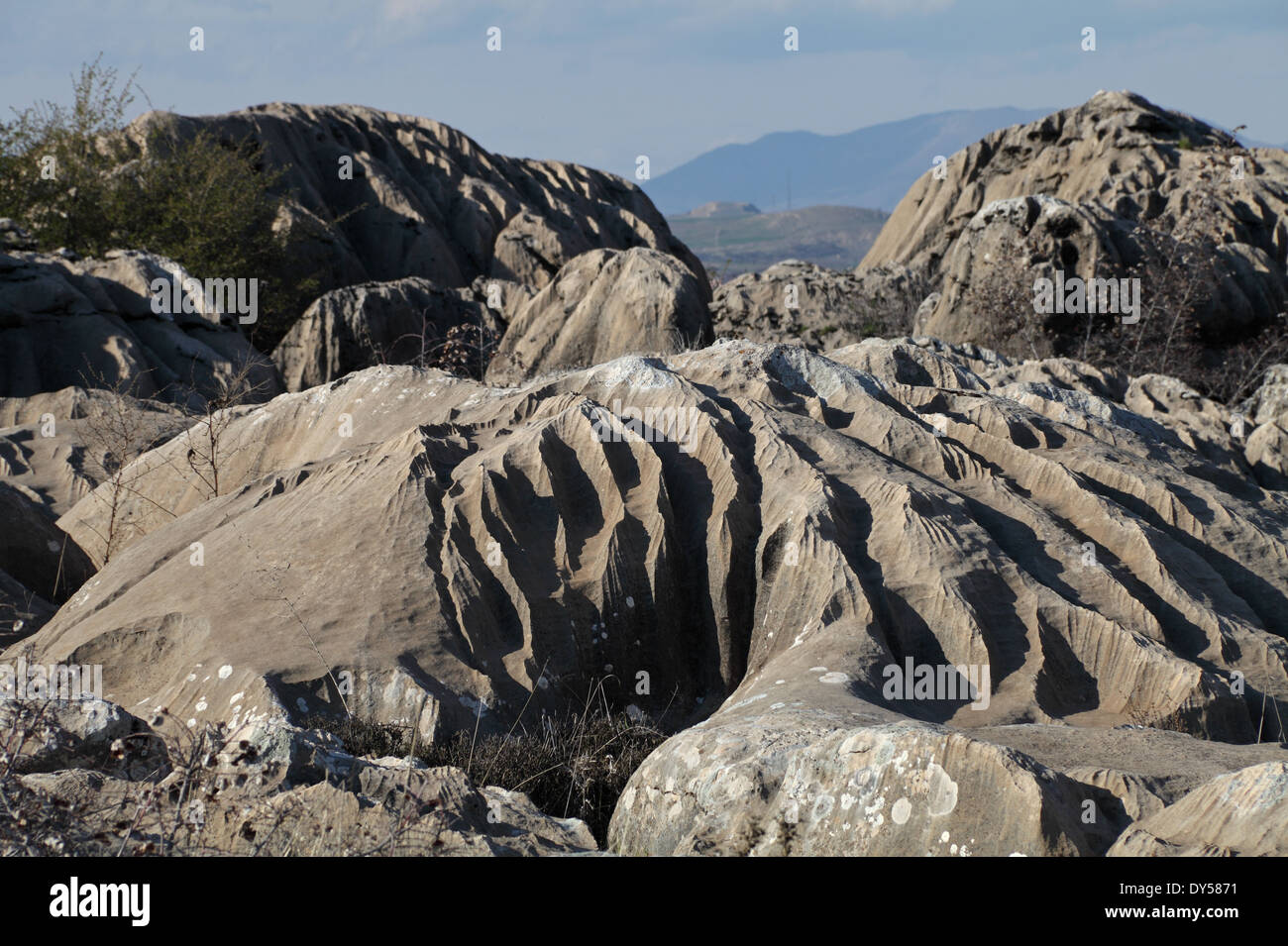 Eroded rock at the palaeolithic site of Hilar caves near Cayonu early neolithic settlement, Ergani, Diyarbakir, south east Turkey Stock Photo