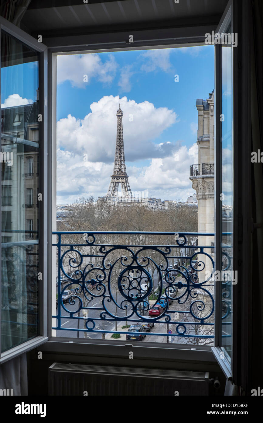 The Eiffel Tower, Paris, France, viewed through an open window. Stock Photo