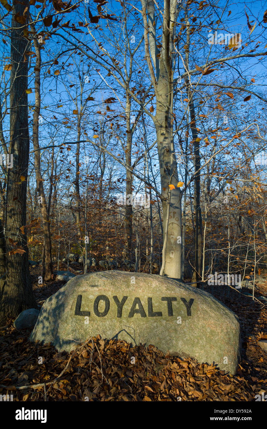 USA, Massachusetts, Gloucester, Dogtown rocks with inspirational words ...