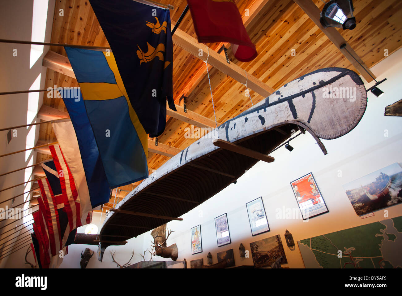 USA, Nebraska, Chadron, Museum of the Fur Trade interior, voyageur-fur trader canoe Stock Photo