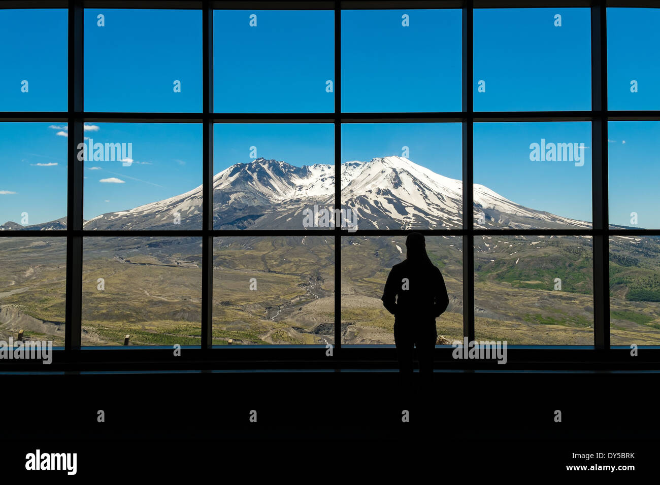 Woman standing in silhouette in front of a picture window at Mount St. Helens National Monument Stock Photo