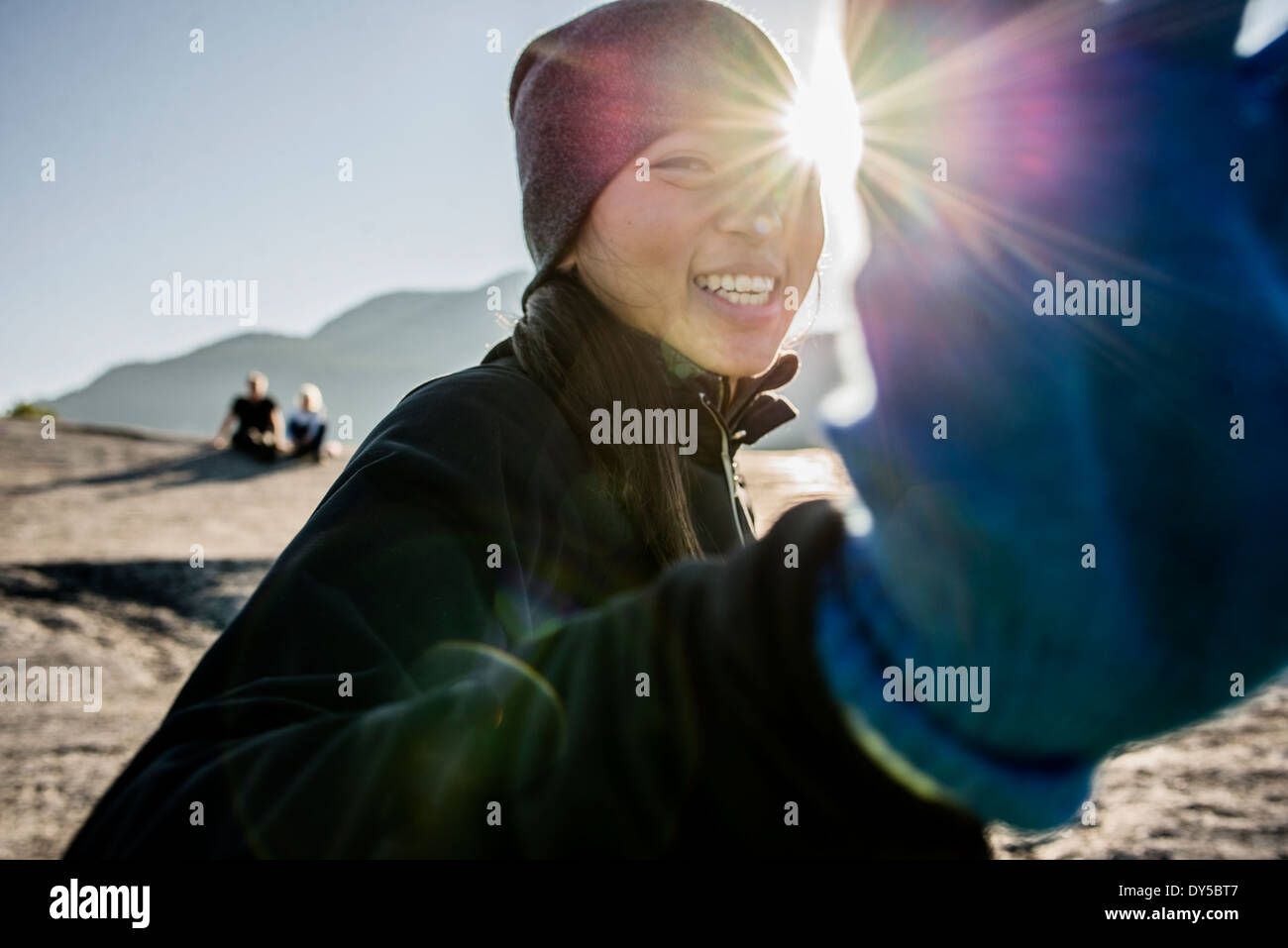 Portrait of shy young female hiker, Squamish, British Columbia, Canada Stock Photo