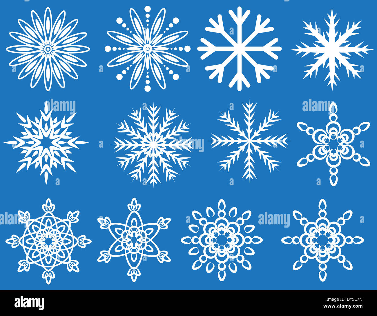 collection of decorative white snowflakes on blue background vector ...