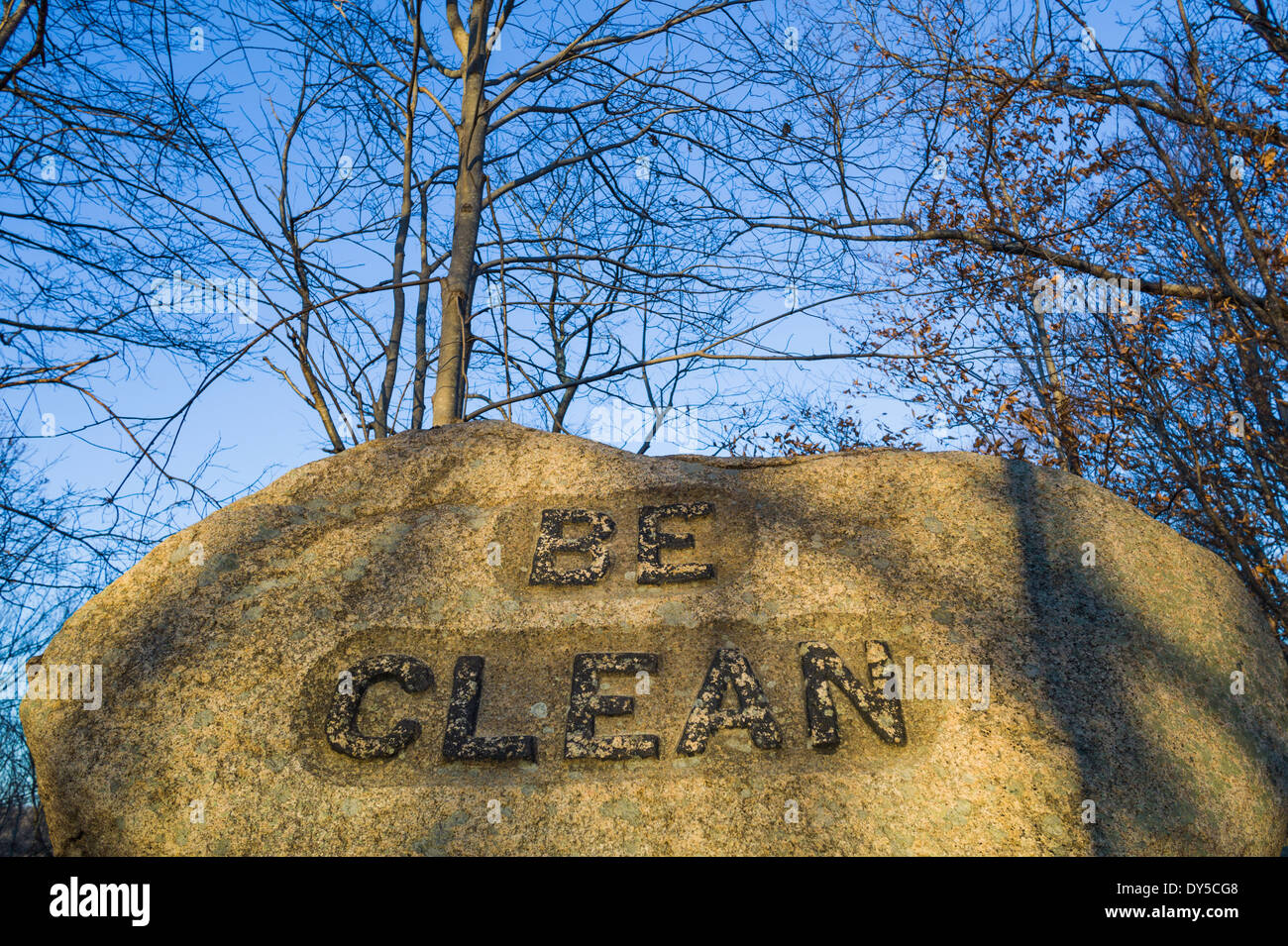 USA, Massachusetts, Gloucester, Dogtown rocks with inspirational words ...