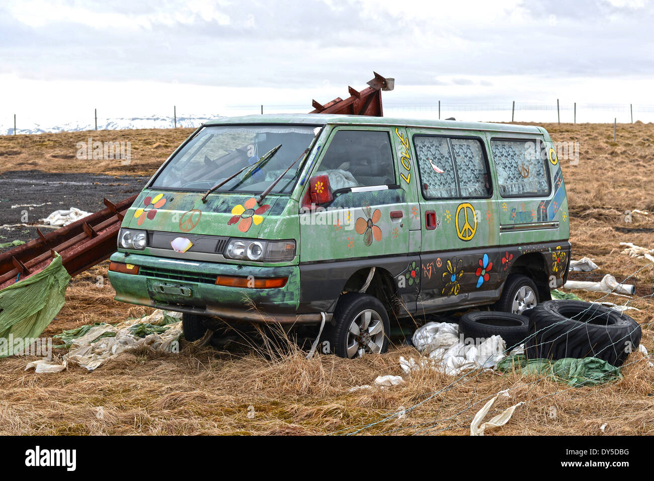 Abandoned minivan in the countryside in Iceland Stock Photo