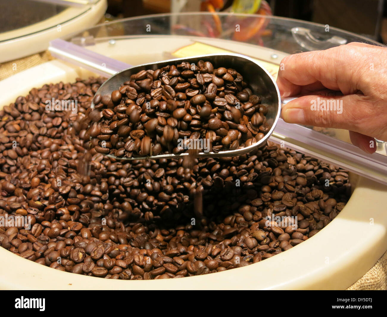 Fresh Coffee Beans in Self-Serve Bin, USA Stock Photo