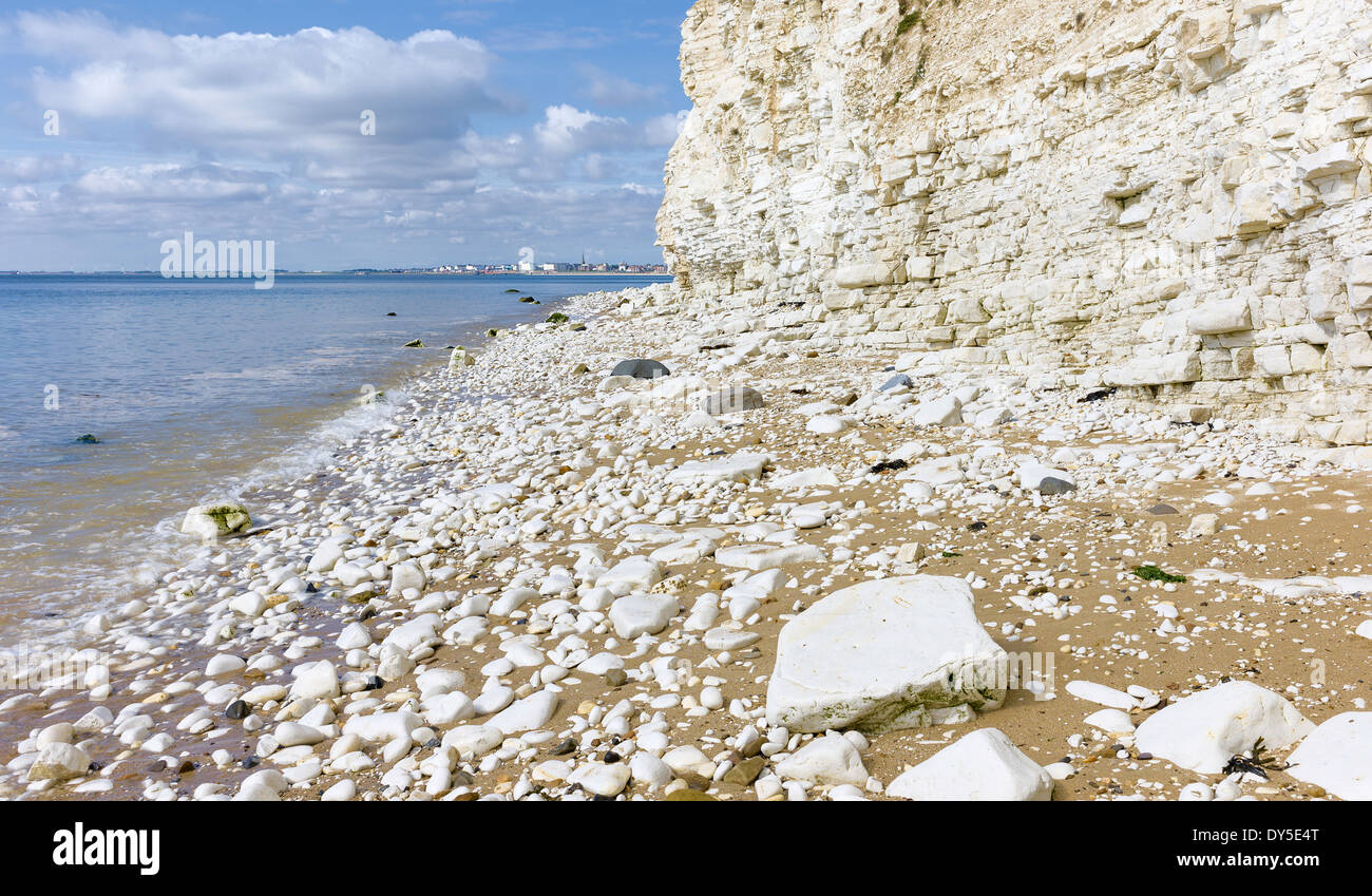 iew of the high chalk cliffs at Danes Dyke looking across the North Sea towards Bridlington, Yorkshire, UK. Stock Photo