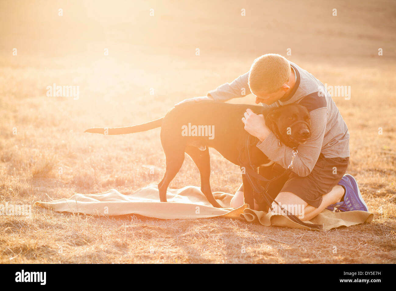 Man hugging dog Stock Photo