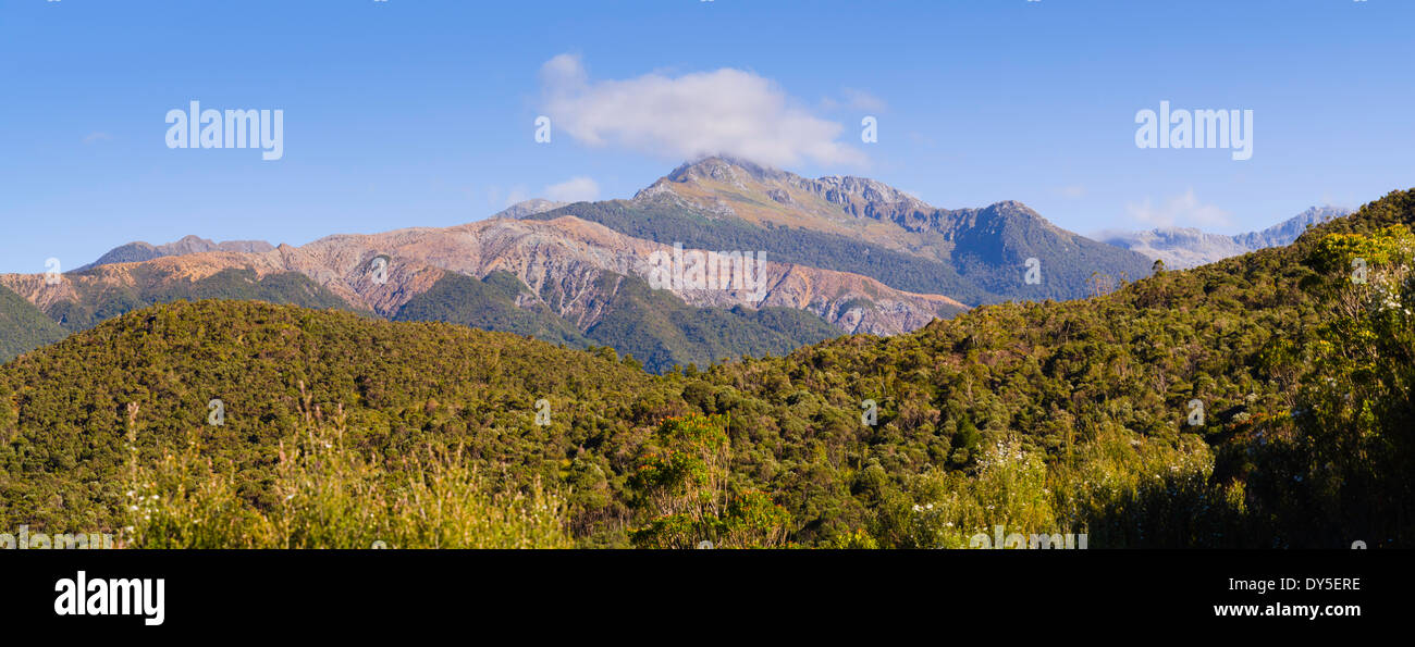 Panoramic view of Staircase Mountain the Olivine Range, Southern Alps, from Martyr Saddle, West Coast, New Zealand. Stock Photo