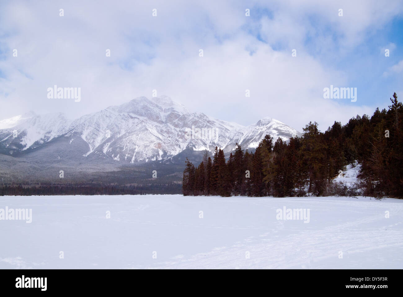 A view of frozen Pyramid Lake and Pyramid Mountain in the winter ...