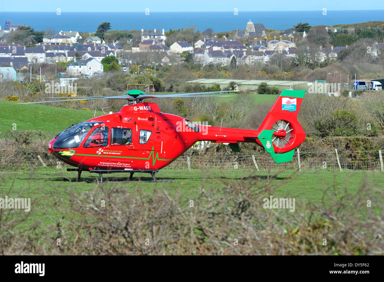 Wales Air Ambulance Atending an Rta At Amlwch Anglesey North Wales Uk Stock Photo
