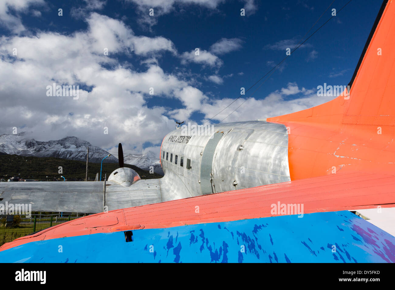 An old DC3- 5 Tango 22 air plane in Ushuaia which is the capital of Tierra del Fuego, in Argentina Stock Photo