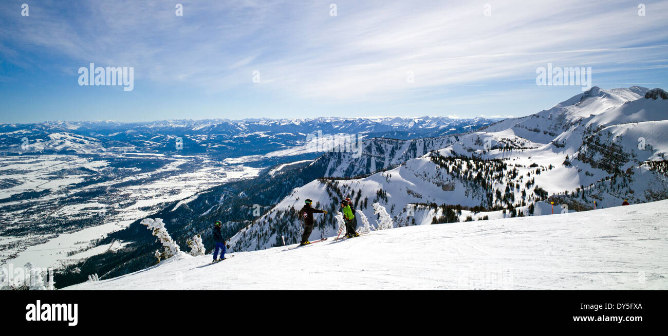 Skiers at the top of Jackson Hole Mountain Resort, Jackson, Wyoming, USA Stock Photo