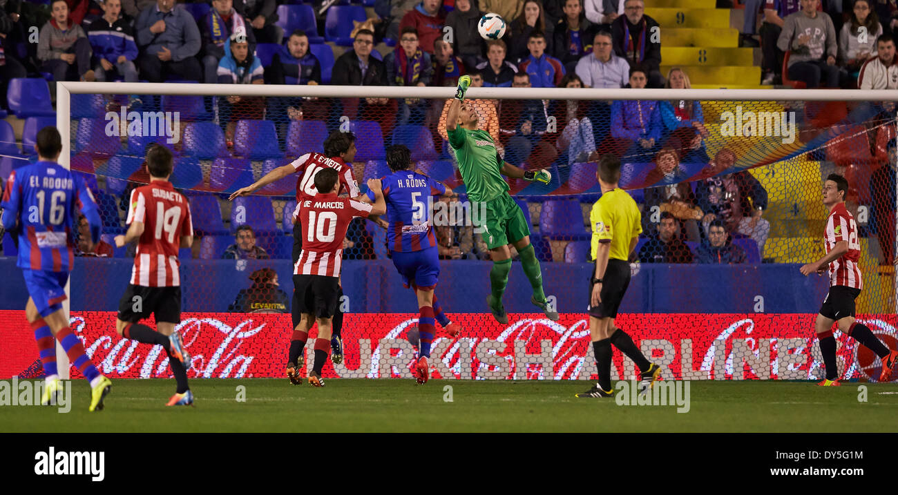 Valencia, Spain. 07th Apr, 2014. Goalkeeper Gorka Iraizoz of Athletic Bilbao clears the ball away from danger during the La Liga game Levante UD v Athletic Bilbao at Ciutat de Valencia Stadium, Valencia. Credit:  Action Plus Sports/Alamy Live News Stock Photo