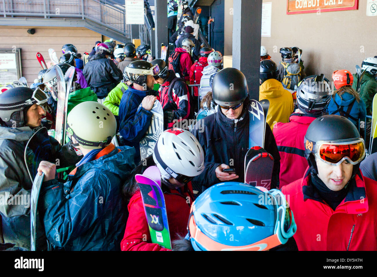 Skiers wait in line for the tram ride, Jackson Hole Mountain Resort, Jackson, Wyoming, USA Stock Photo