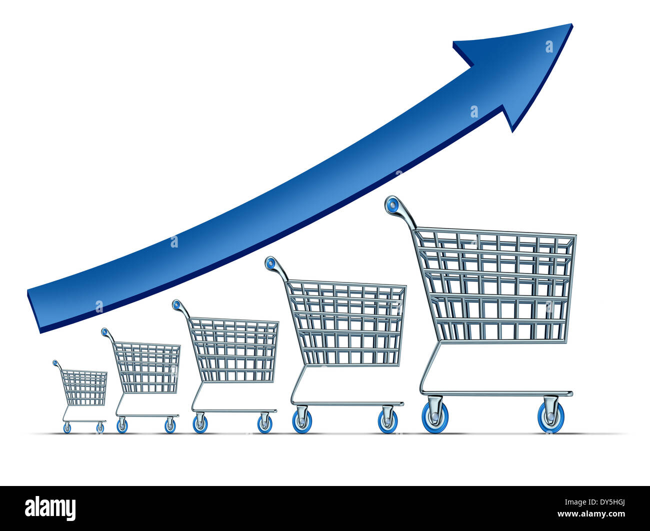 Sales increase symbol as a group of rising shopping carts with a blue arrow going up as a metaphor for successful commercial retail consumerism on a white background. Stock Photo
