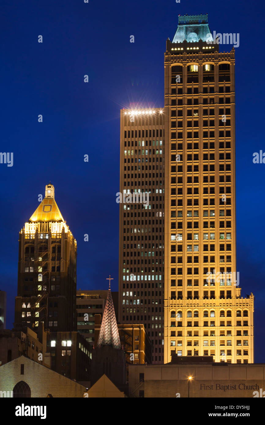 USA, Oklahoma, Tulsa, old and new high-rise buildings, Art-Deco district at dusk Stock Photo
