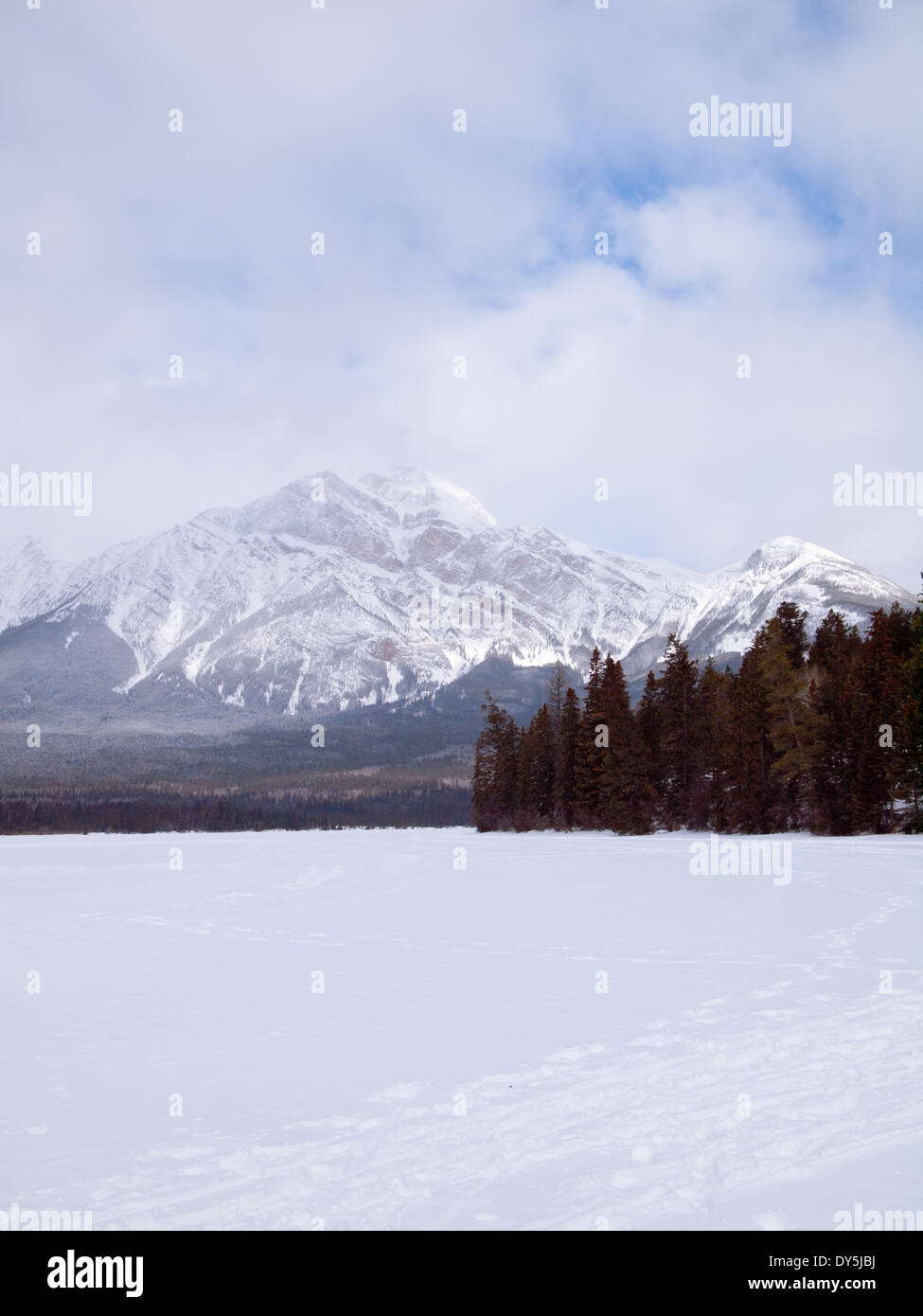 A view of frozen Pyramid Lake and Pyramid Mountain in the winter ...