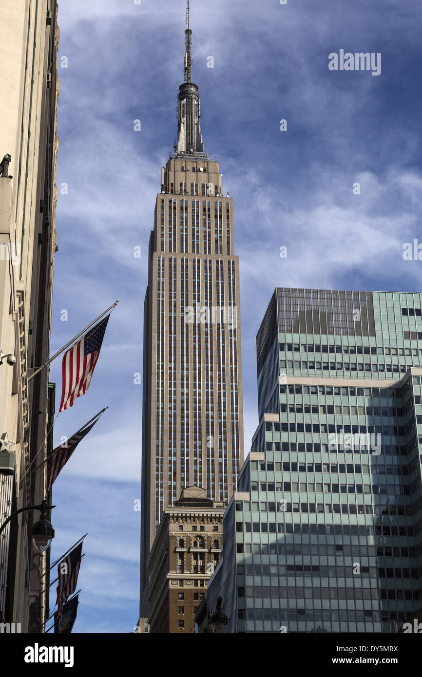 American flags and Empire State Building Manhattan New York USA United States Stock Photo