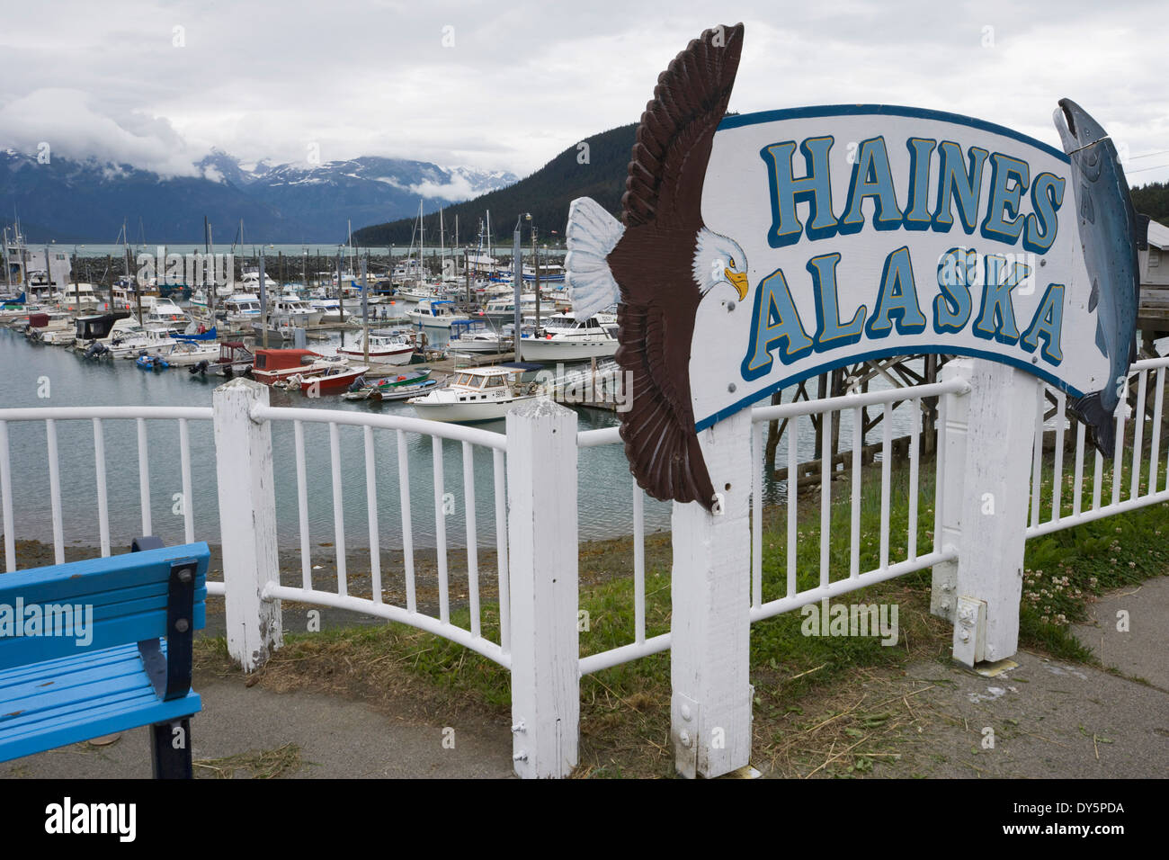 Haines Alaska Sign @ Community Boat Harbor, Inside Passage, Southeast. Tongass National Forest. Stock Photo