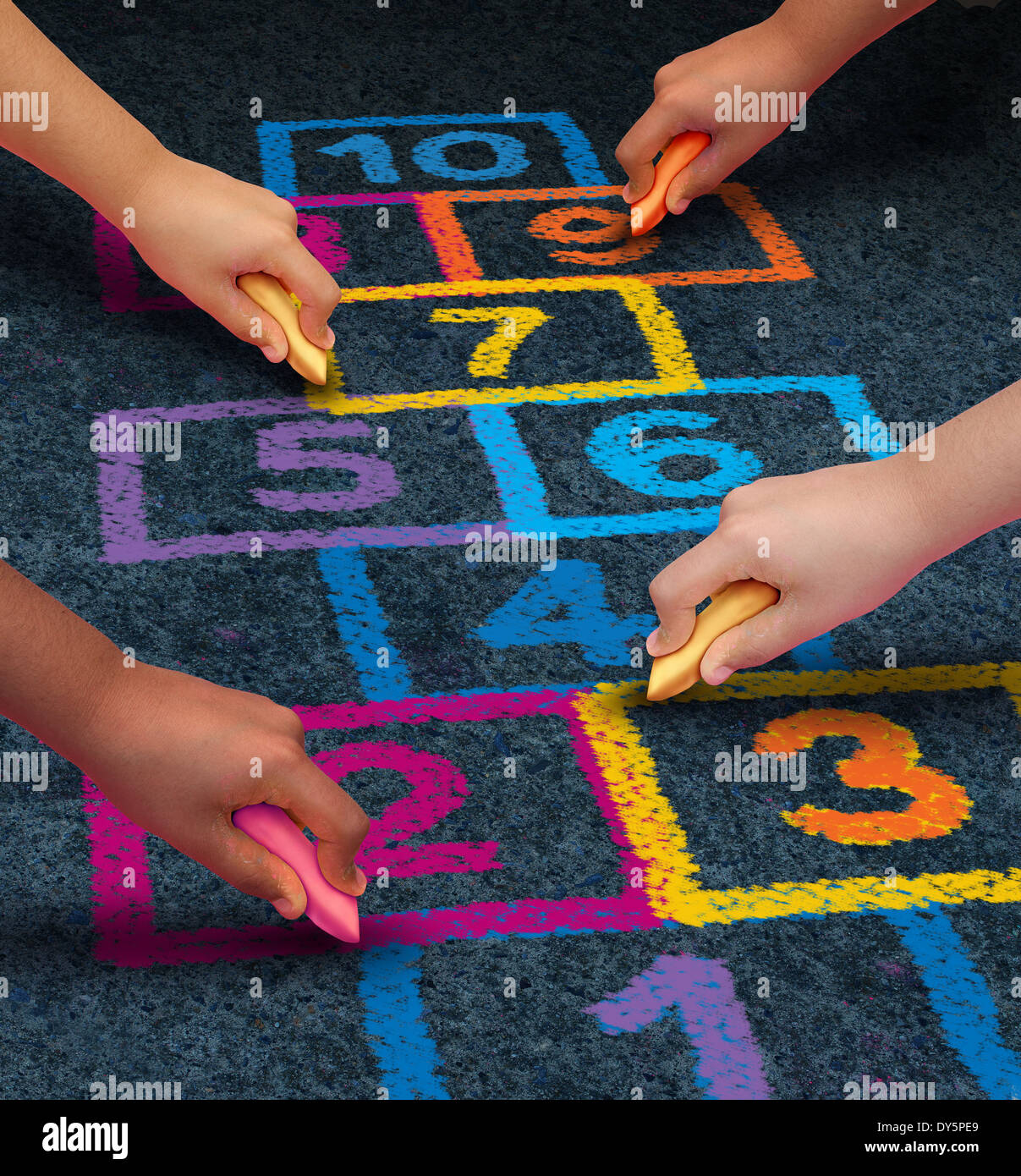 Community development education and children learning concept with a group of hands representing ethnic groups of young people holding chalk cooperating together as friends to draw a playground hopscotch game. Stock Photo