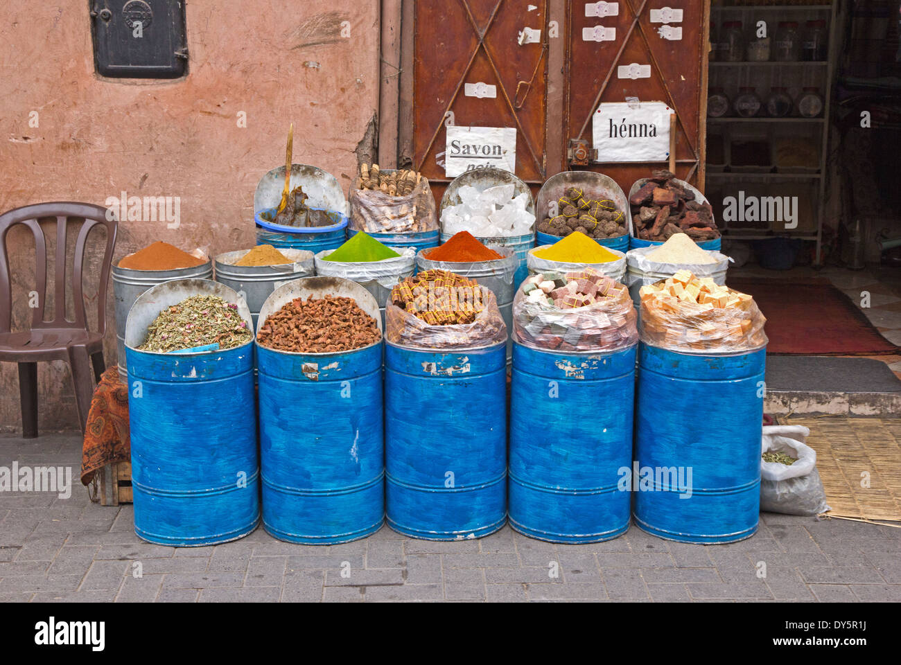 Herbs and spices on sale in souk, Marrakech, Morocco Stock Photo