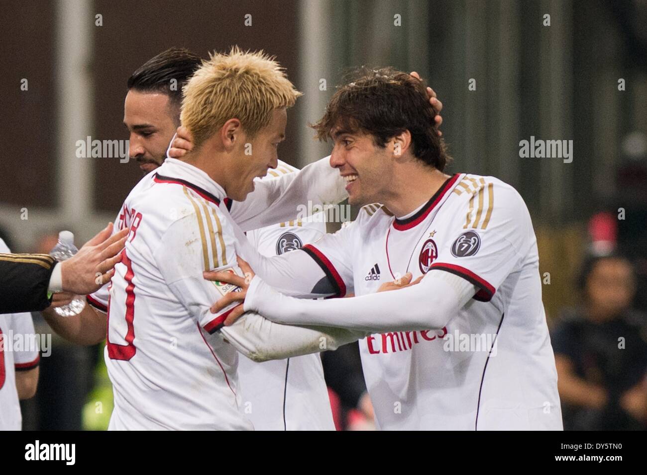 Genova Italy 7th Apr 14 L R Keisuke Honda Kaka Milan Football Soccer Keisuke Honda Of Ac Milan Celebrates Scoring His Team Second Goal During The Italian Serie A Match Between Genoa 1 2