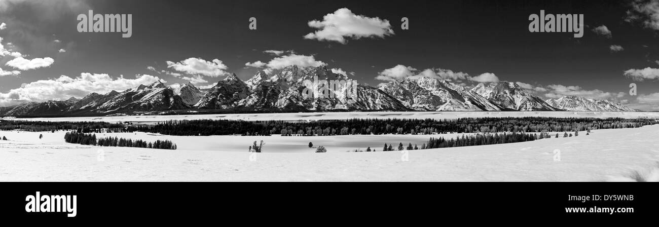 Black & white winter panorama view of the Teton Mountain Range, Wyoming, USA Stock Photo