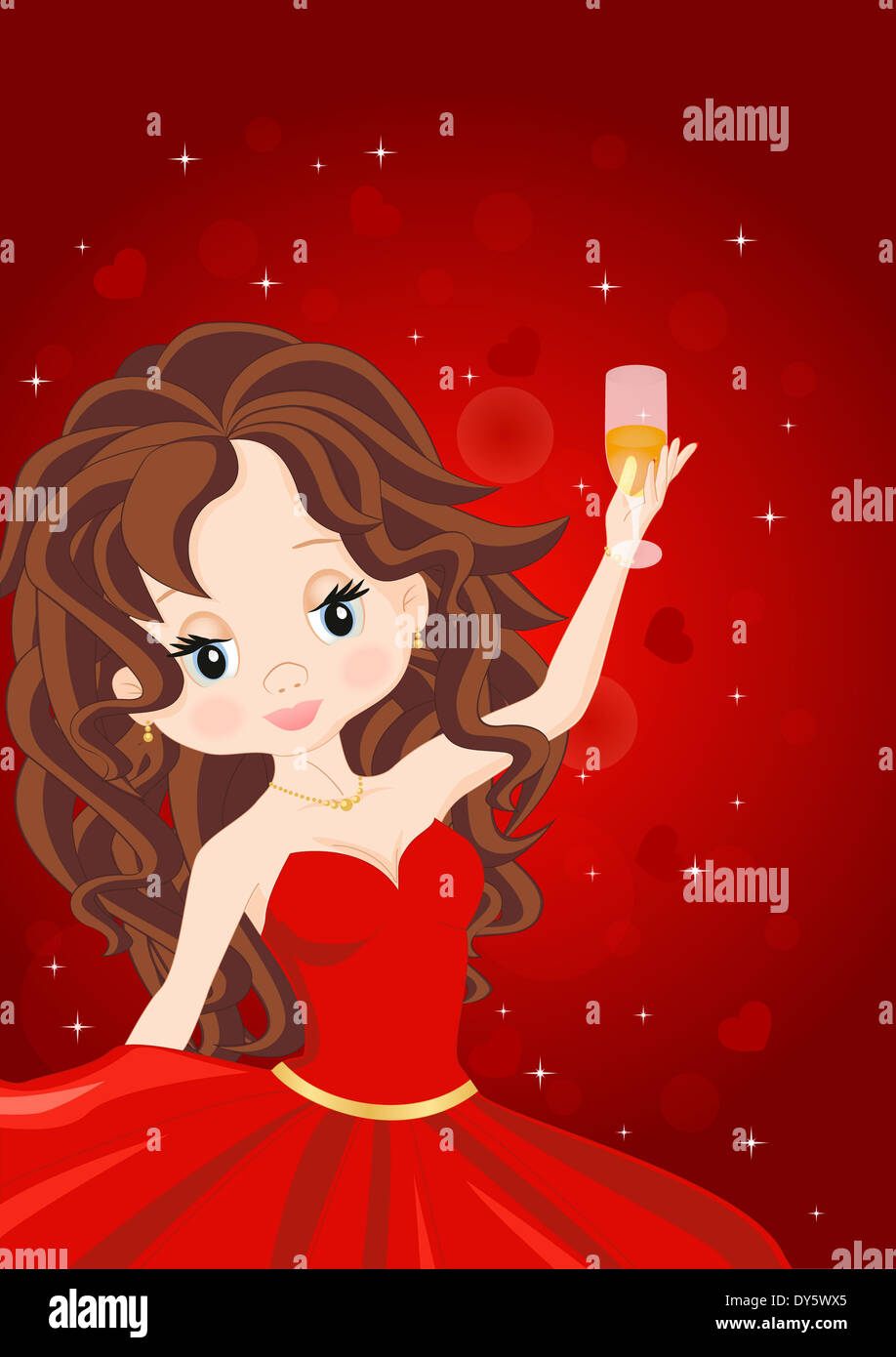 girl in a red dress with a glass of champagne Stock Photo - Alamy