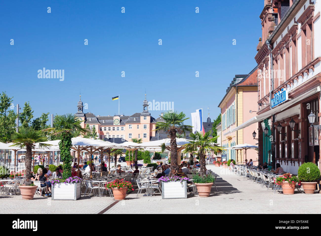 Street cafes and Schloss Schwetzingen Palace, Schwetzingen, Rhein-Neckar-Kreis, Baden Wurttemberg, Germany, Europe Stock Photo