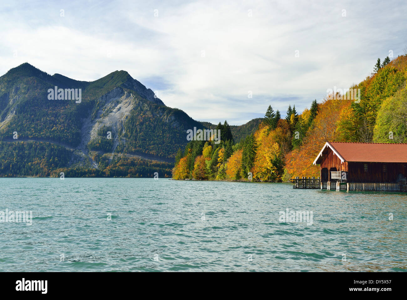 Boat house at lake Walchensee, lake Walchensee, Bavarian foothills, Upper Bavaria, Bavaria, Germany Stock Photo