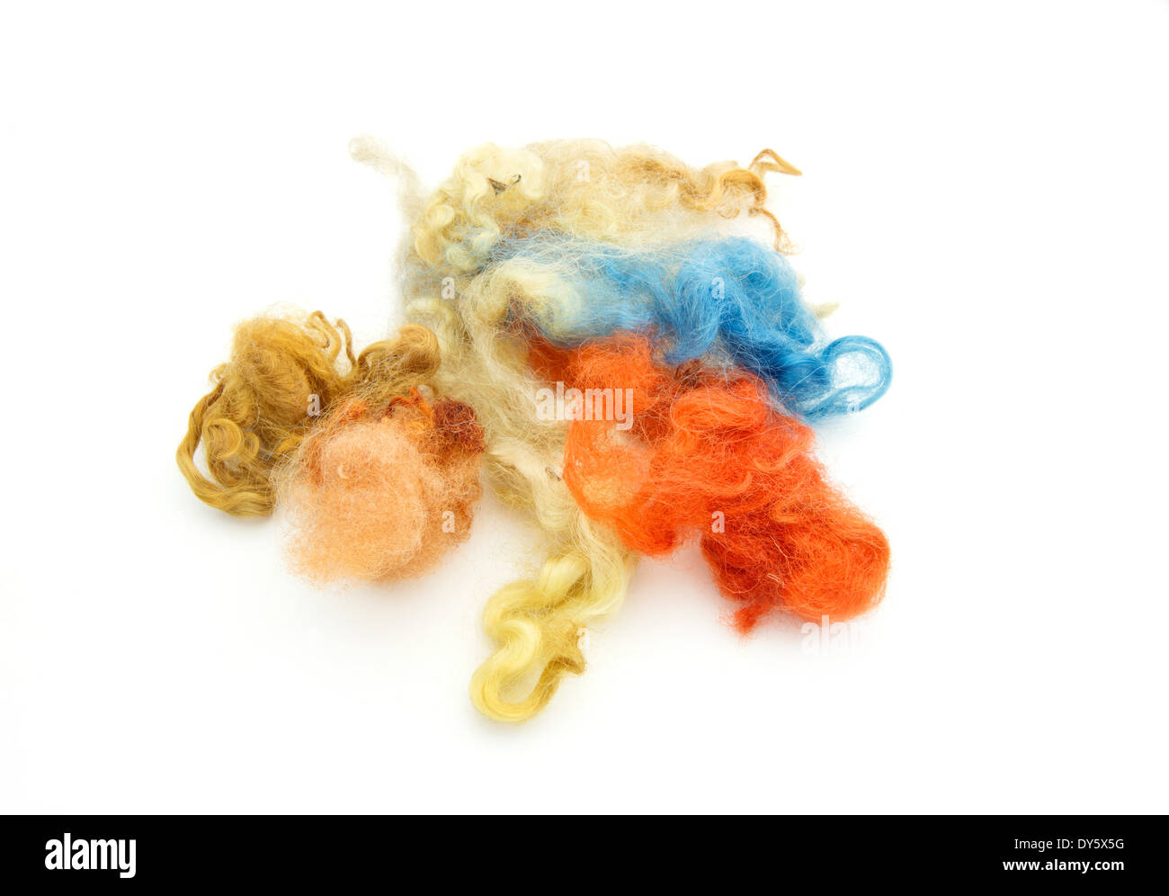 Sheeps wool dyed with natural colours such as woad, nettles Stock Photo