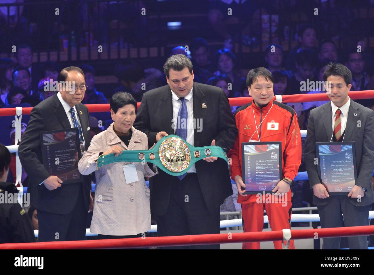 Tokyo, Japan. 6th Apr, 2014. Hideko Hakamada Boxing : Iwao Hakamada's elder sister Hideko Hakamada receives an honorary championship title belt presented to him from the World Boxing Council (WBC) president Mauricio Sulaiman during a boxing event at Ota-City General Gymnasium in Tokyo, Japan . © Hiroaki Yamaguchi/AFLO/Alamy Live News Stock Photo