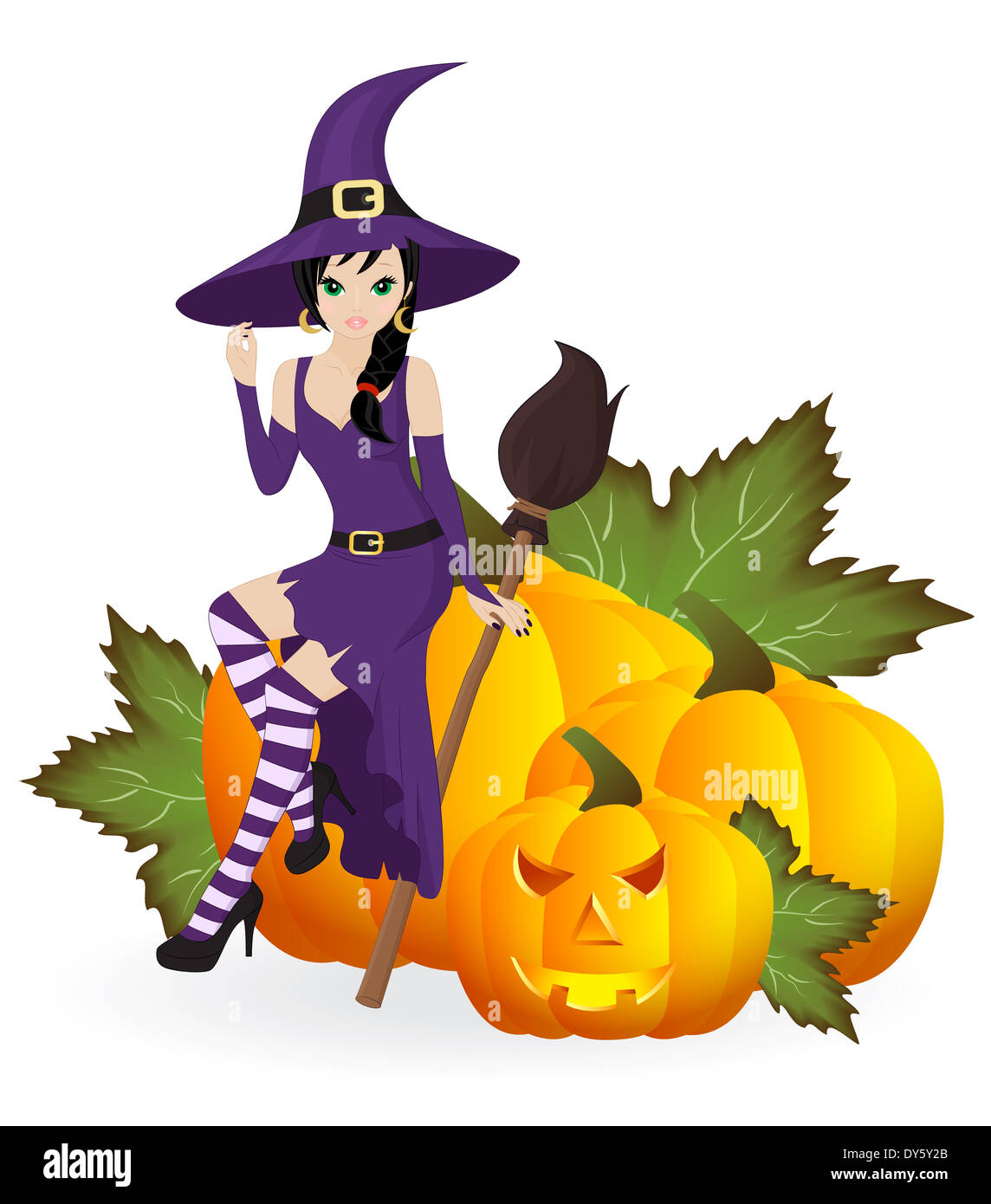 witch with a broom on the pumpkins isolated on white background Stock ...