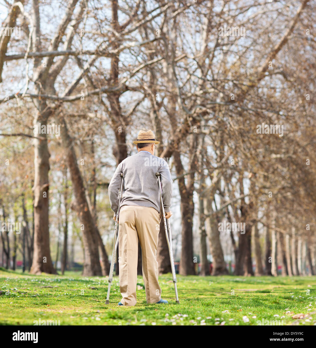 Senior man walking with crutches in park, rear view Stock Photo