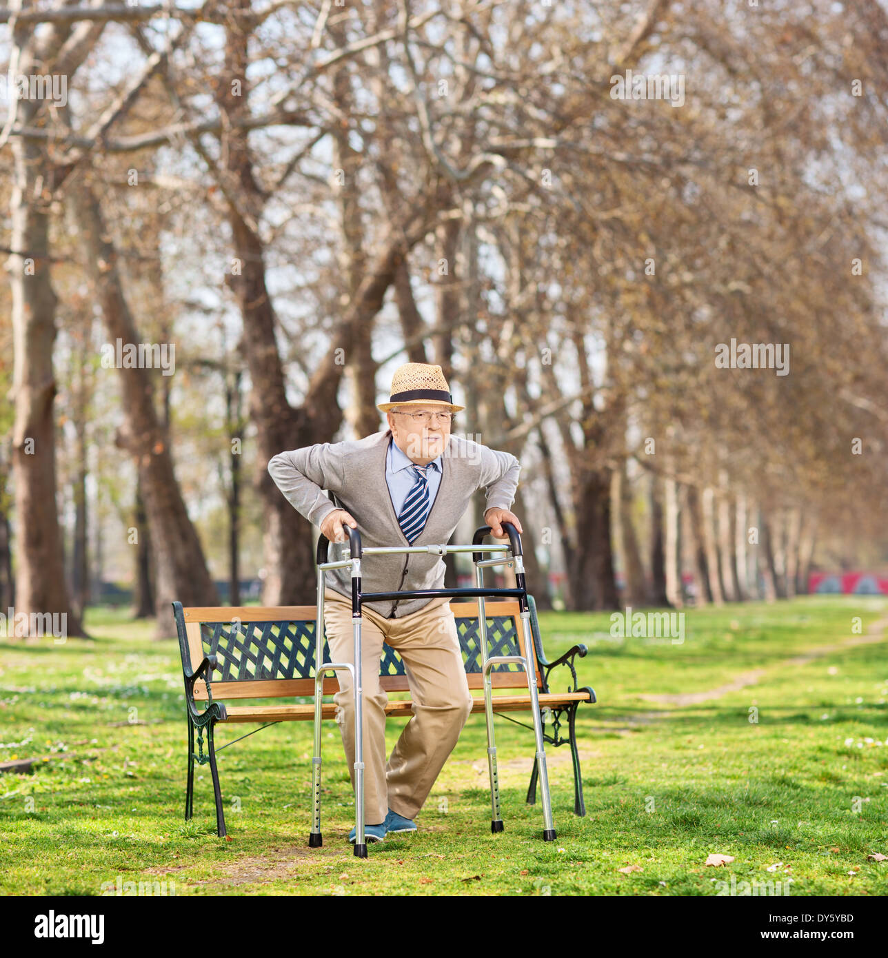 Senior standing up with walker in park Stock Photo