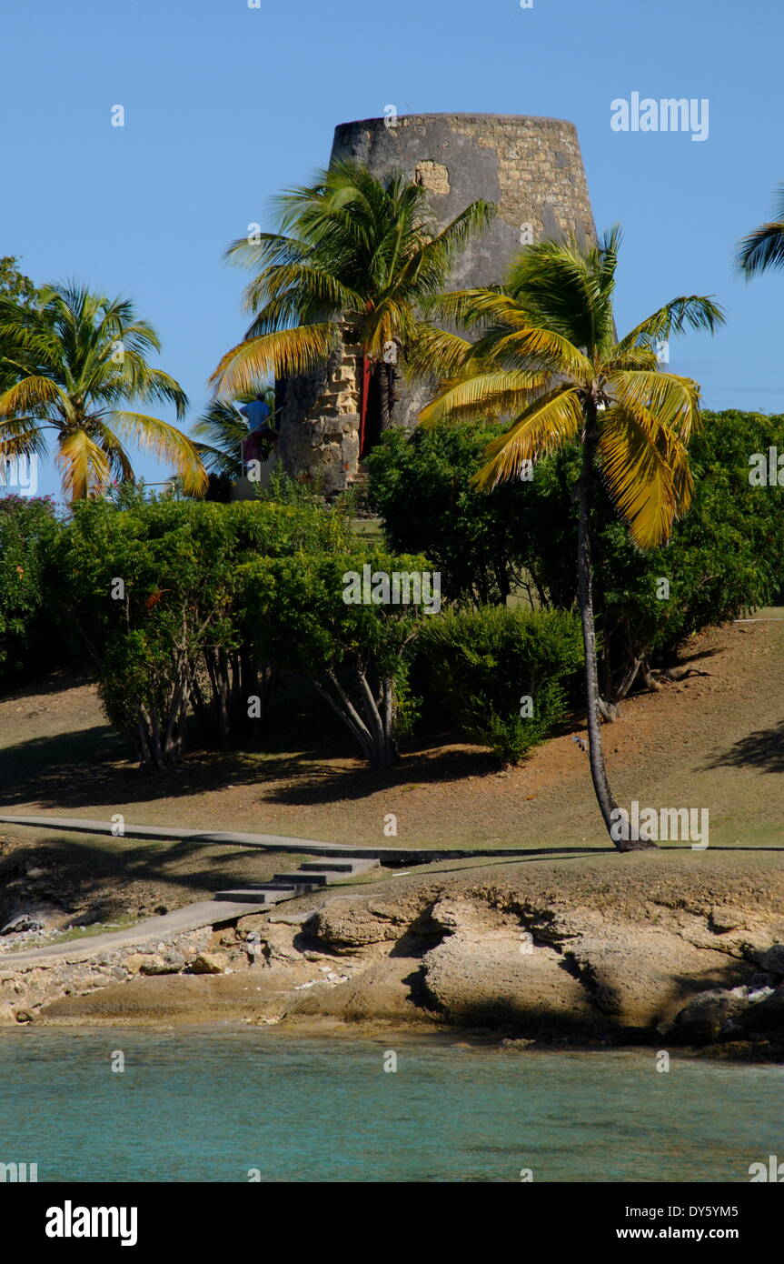 Old sugar windmill, Hawksbill Beach, Hawksbill Hotel, Antigua, Leeward Islands, West Indies, Caribbean, Central America Stock Photo