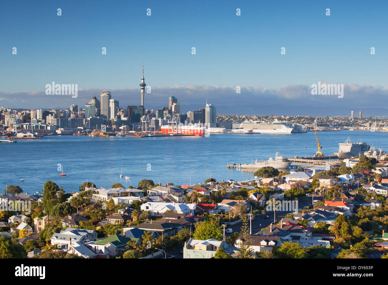 View of Devonport and Auckland skyline, Auckland, North Island, New Zealand, Pacific Stock Photo