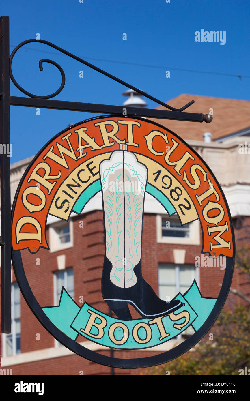 USA, Oklahoma, Guthrie, sign for custom boot maker Stock Photo Alamy