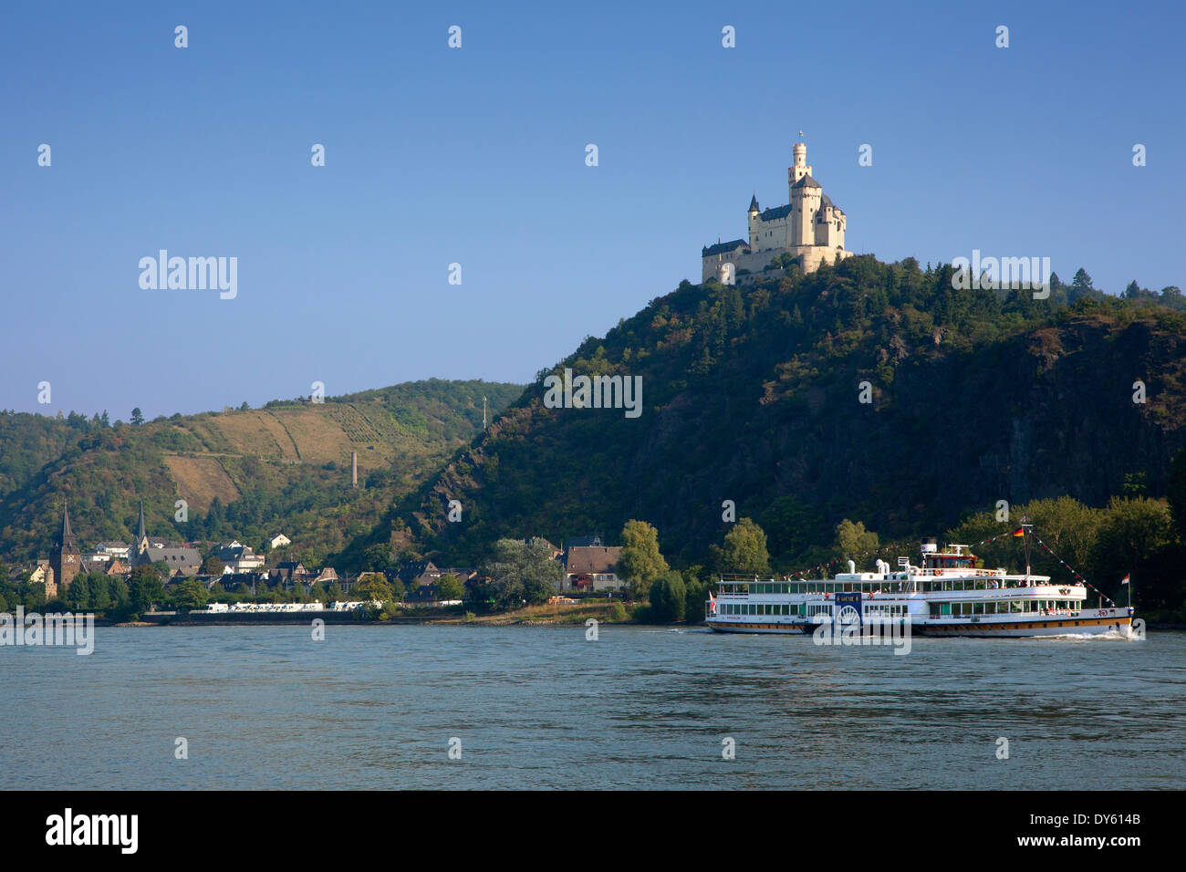 Paddle wheel steamer Goethe at the Rhine at Marksburg castle, Unesco World Cultural Heritage, near Braubach, Rhine river, Rhinel Stock Photo