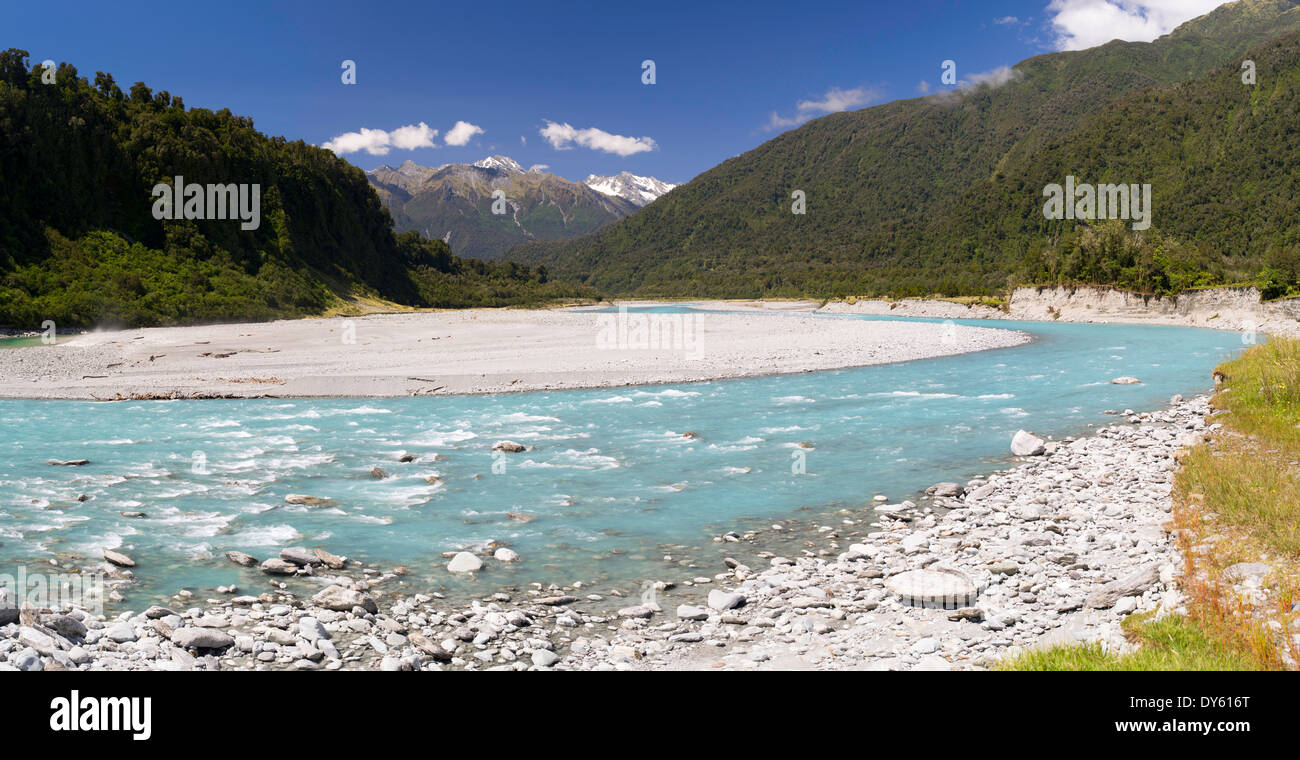 Panoramic view looking up the Whataroa River and into the Southern Alps, West Coast, New Zealand Stock Photo