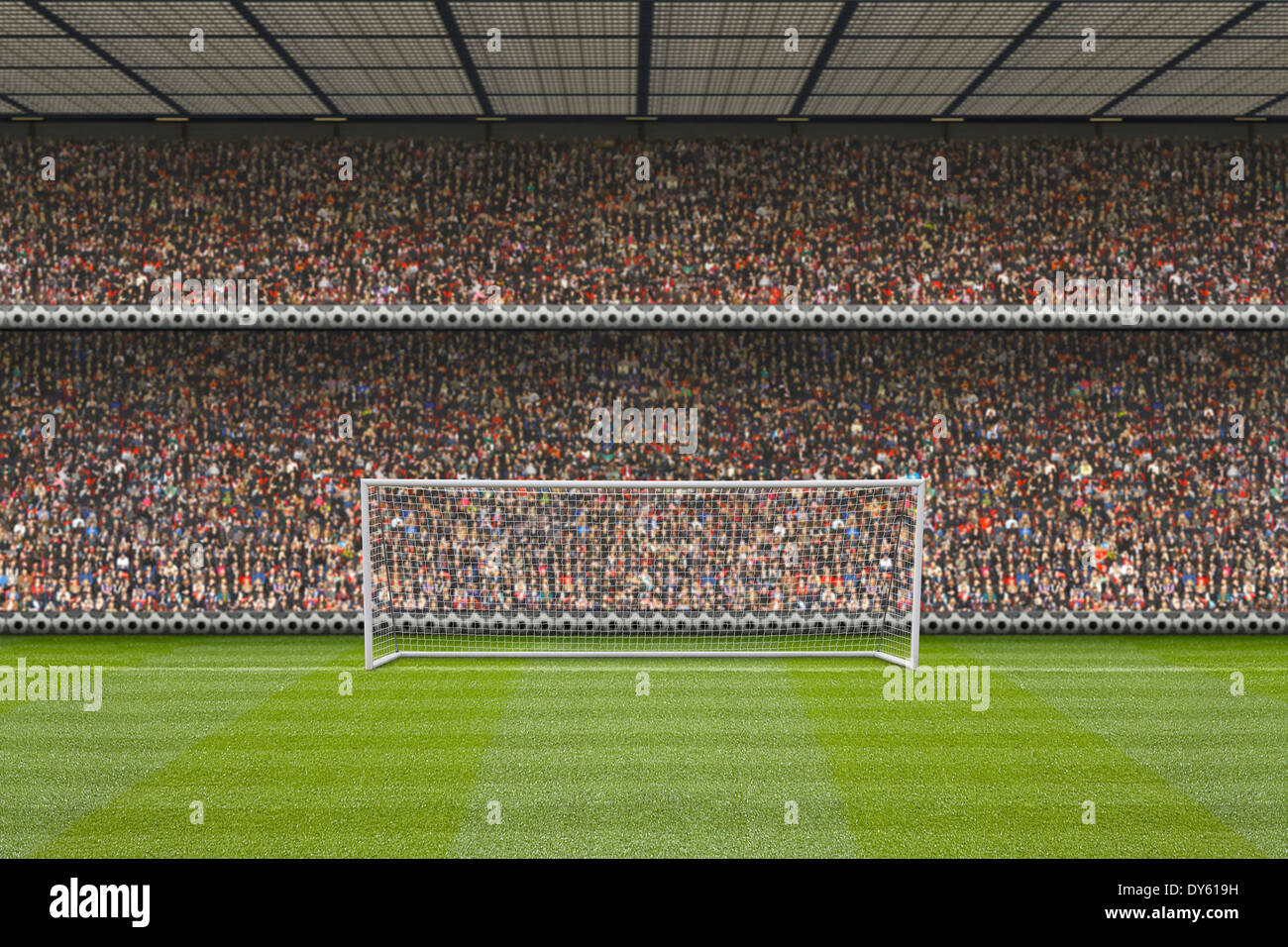 computer generated football stadium stand with crowd, goal posts and