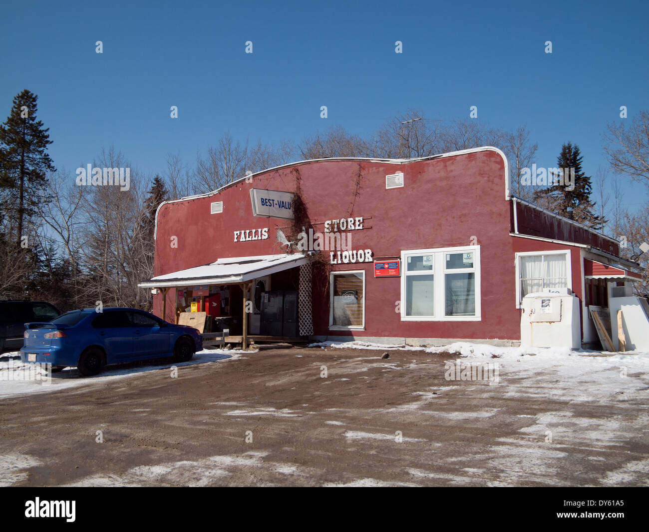 A view of the Fallis General Store in the small town of Fallis, Alberta, Canada in winter Stock