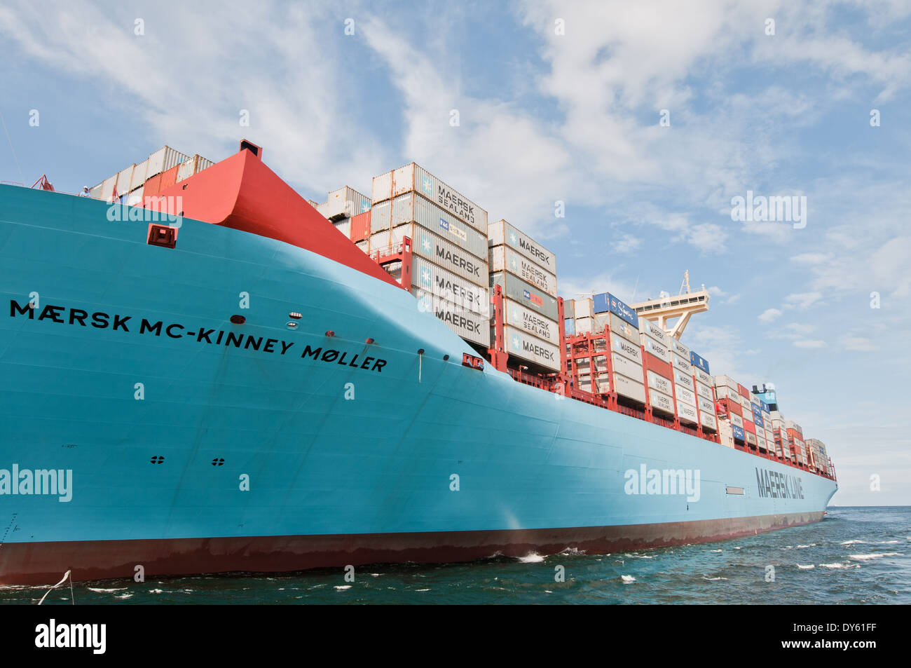 GDANSK, POLAND. 21st August , 2013. World largest container ship Maersk Mc-Kinney Møller Triple E class vessel arrives to Gdansk Stock Photo