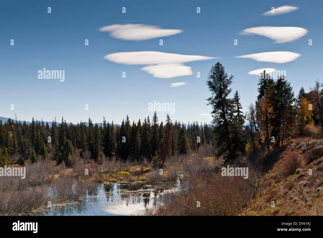 Lenticular clouds over Moose Pond, autumn, Grand Teton National Park, Wyoming, United States of America, North America Stock Photo