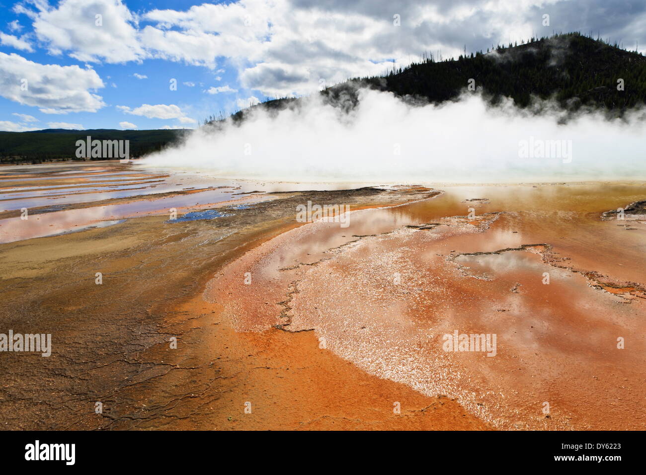 Bright colours and steam, Grand Prismatic Spring, Yellowstone National Park, UNESCO Site, Wyoming, USA Stock Photo