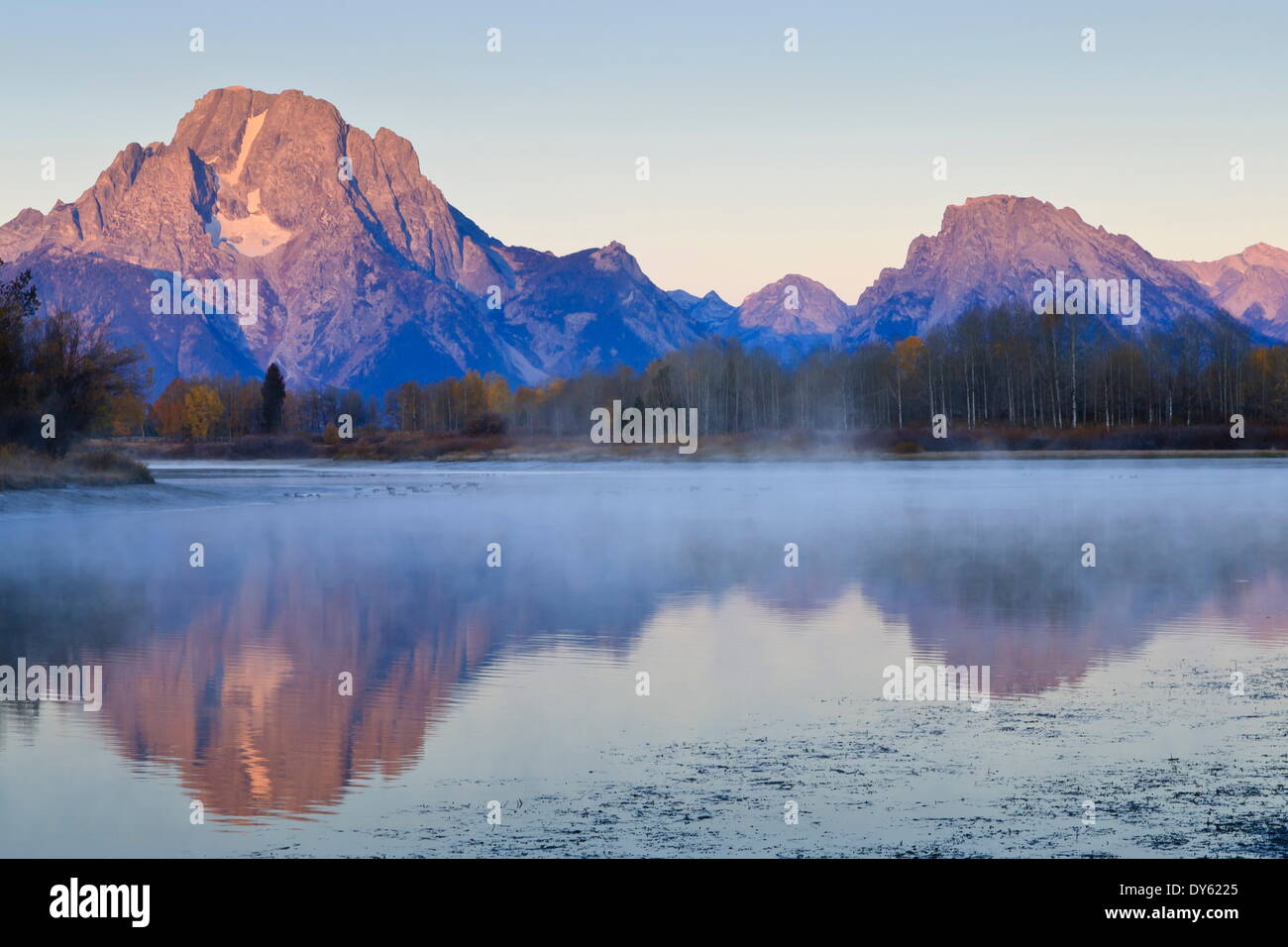 Dawn mist, Mount Moran, Oxbow Bend, Snake River, Grand Teton National Park, Wyoming, United States of America, North America Stock Photo