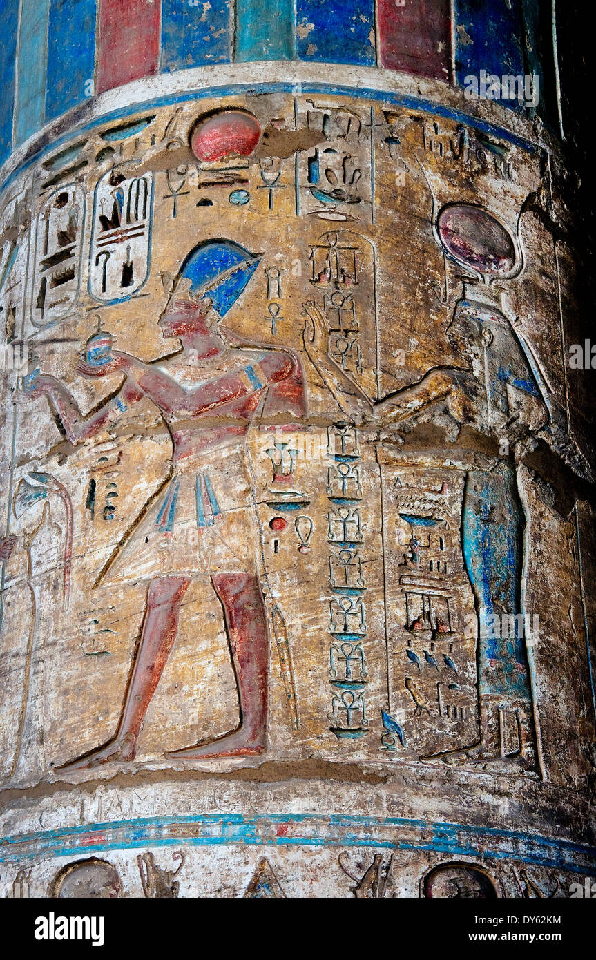 Temple of Ramses III (1198-1167 b.C.) at Medinet Habu: coulored reliefs ...
