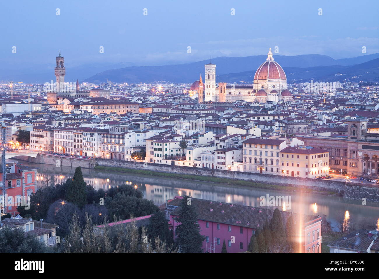View from Piazzale Michelangelo to Florence with Basilica di Santa Maria del Fiore lit up, Florence, UNESCO Site, Tuscany, Italy Stock Photo