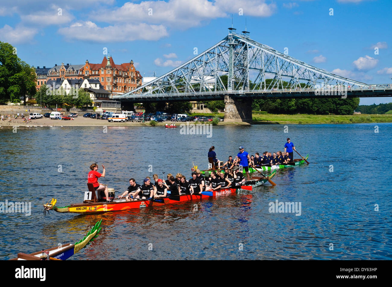 Dragon boats on Elbe river in front of bridge Blaues Wunder, Blasewitz, Loschwitz,  Dresden, Saxony, Germany, Europe Stock Photo